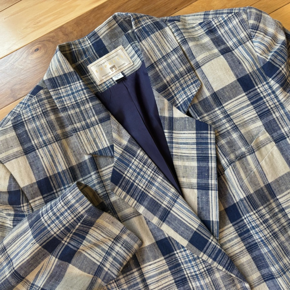 Express Campagnie Plaid Blazer Womens Sz L Vintage Blue Linen Blend